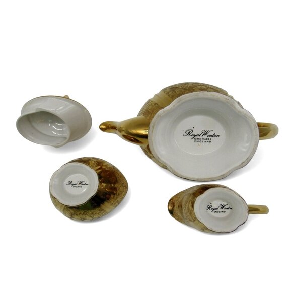 ROYAL WINTON Grimwades Gold Teapot Creamer and Sugar Bowl with Floral Design VTG - Picture 9 of 10